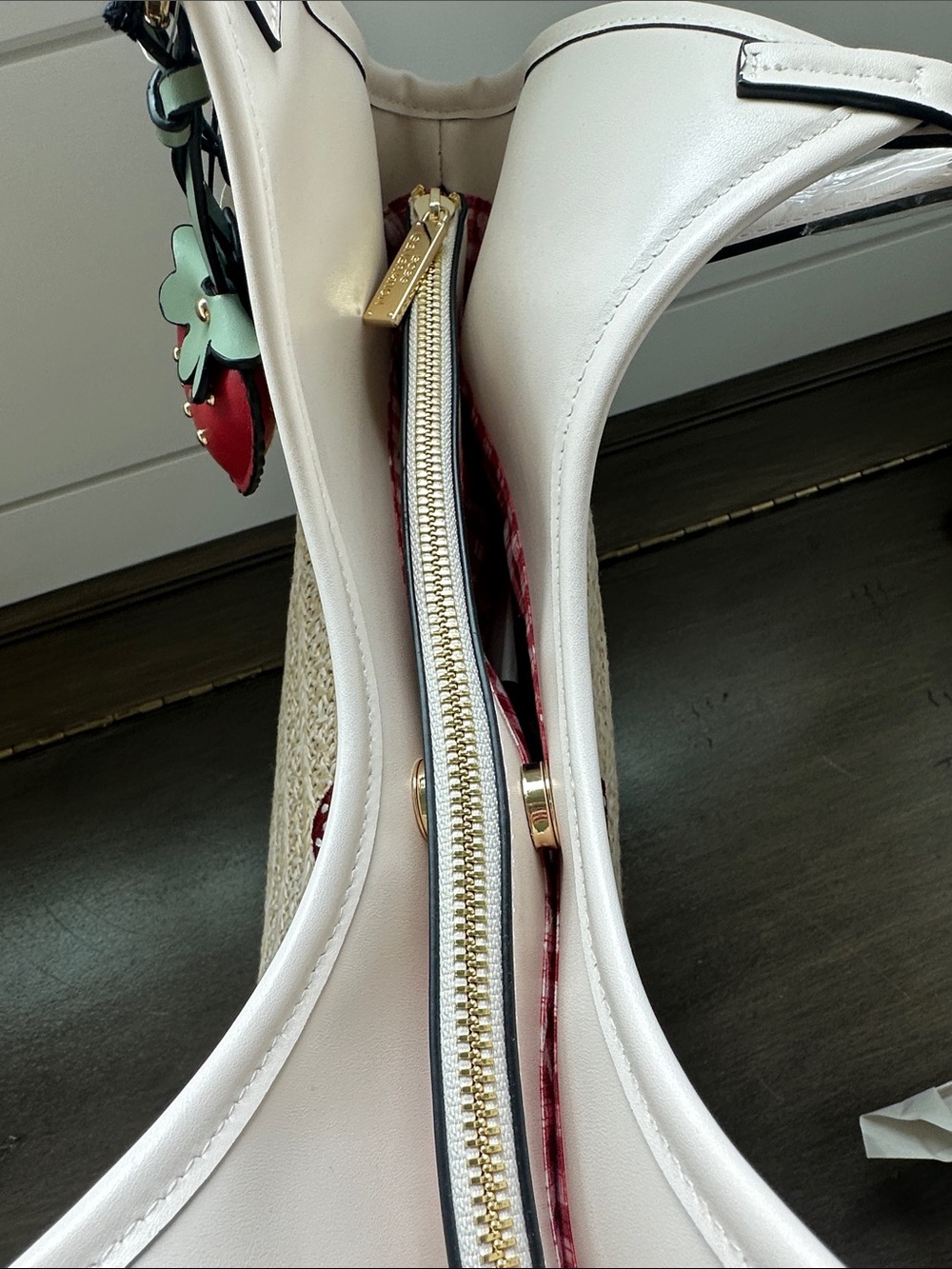 BCBGeneration Straw Tote with Red Strawberry Appliqués and Cream Trim - Picture 11 of 15